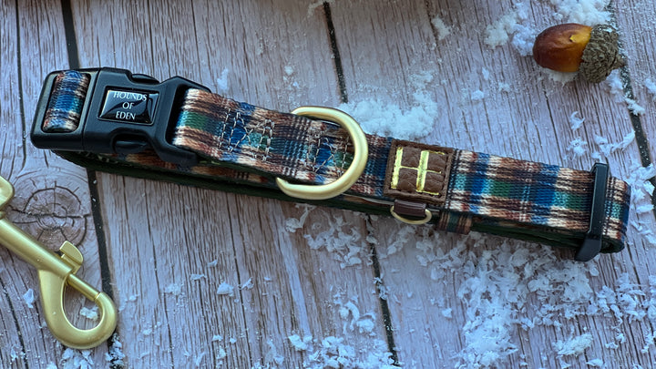 Oak Forest Plaid Dog Collar + Tag Holder