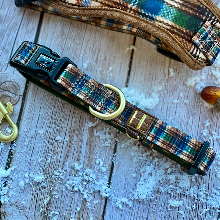 Oak Forest Plaid Dog Collar + Tag Holder