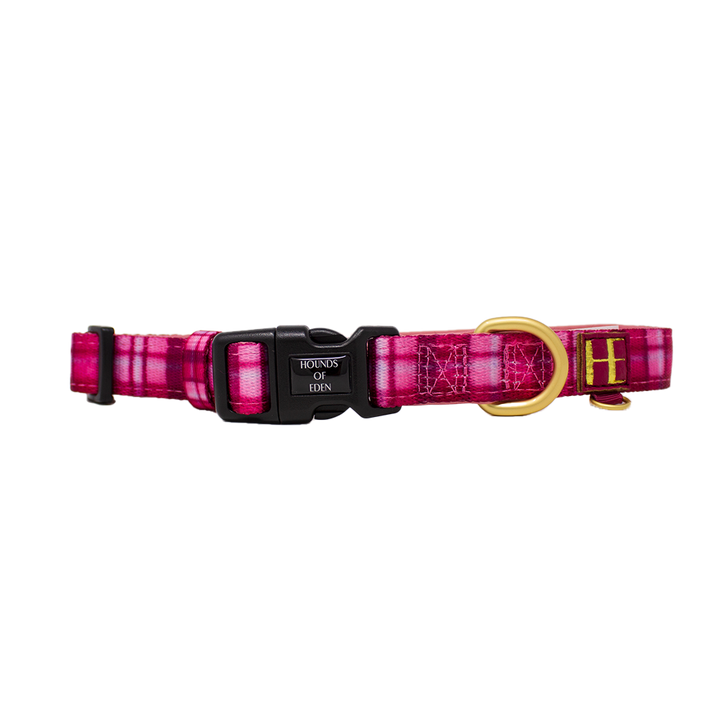 Rose Berry Plaid Dog Collar + Tag Holder