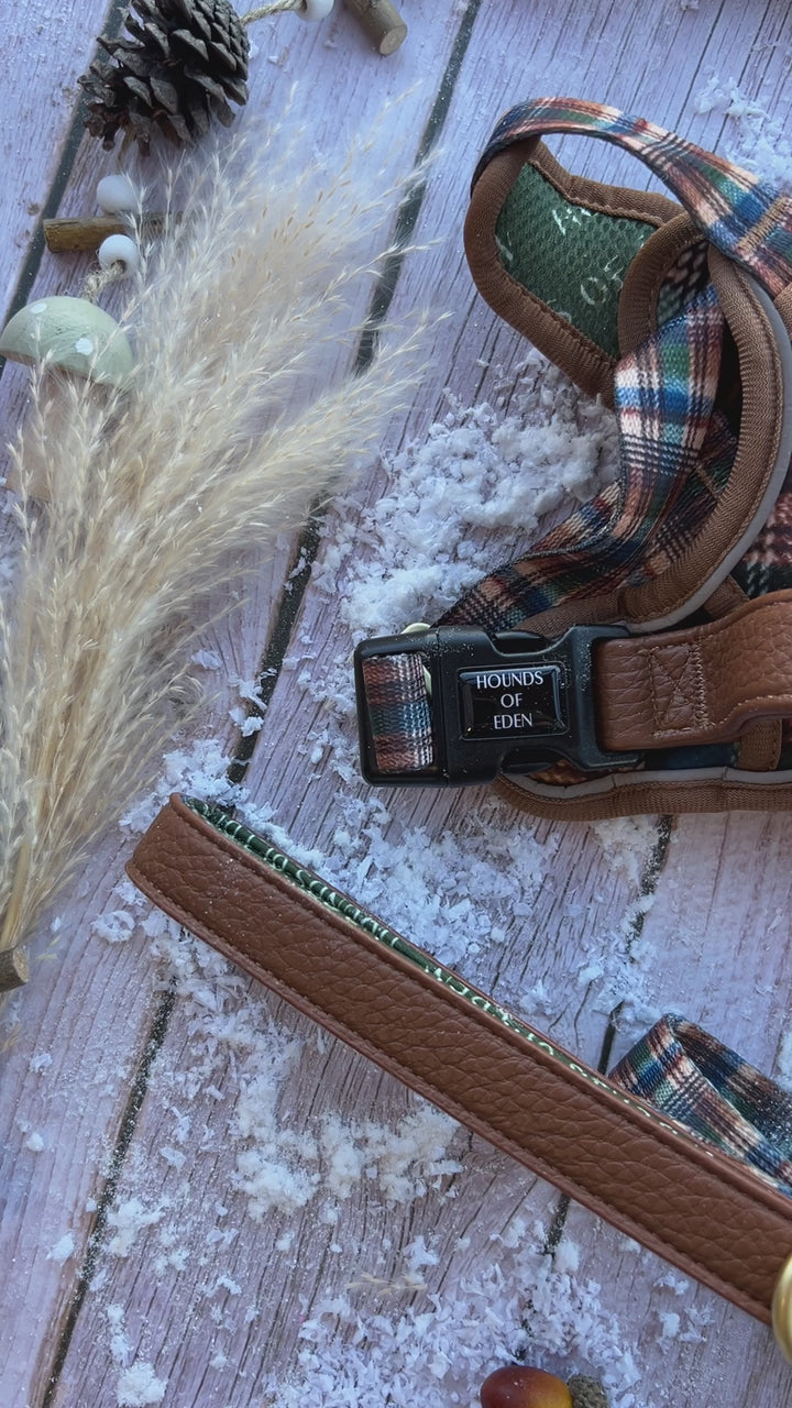 Oak Forest Plaid Dog Collar + Tag Holder