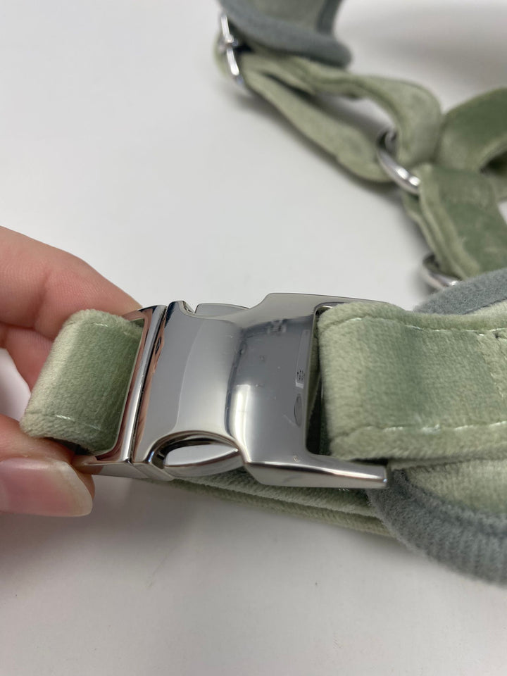 Outlet - SMALL SAGE MIST - GREEN VELVET DOG HARNESS WITH SILVER METAL HARDWARE - 0075